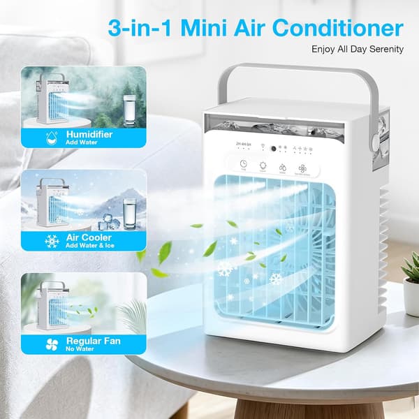 Bærbart klimaanlegg, 3-i-1 mini AC-enhet, 4 hastigheter, 2 tåkemoduser, 1000 ml tank, timer, LED-lys, USB-kjølevifte White