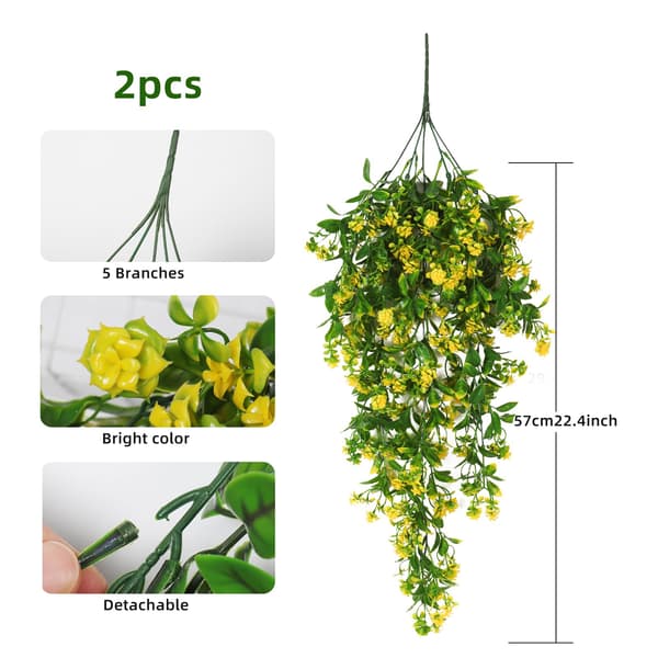 2-pak kunstige gule hængeplanter, efterårsblomster og eukalyptusløv, UV-bestandig Yellow