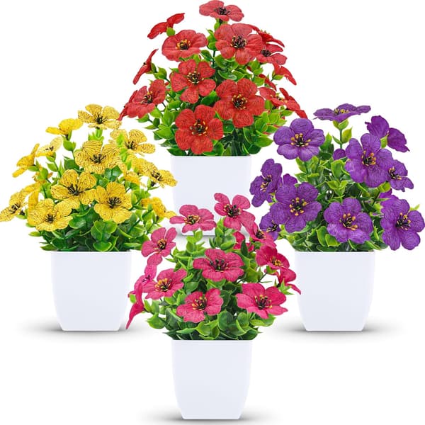 Artificial Mini Plants 4-pack – Decorative Flowers for Home Decor, Office, Table, and Spring Decoration White