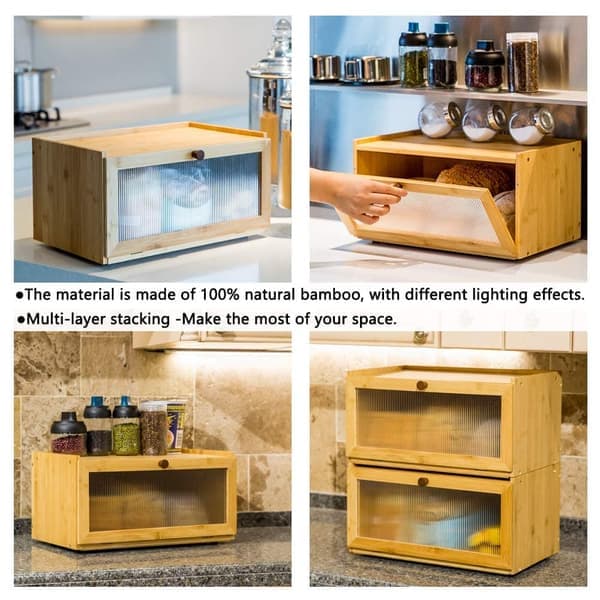 Bamboo Bread Box for Kitchen Counter - Spacious Rustic Style Bread Storage with Bamboo Lid and Window
