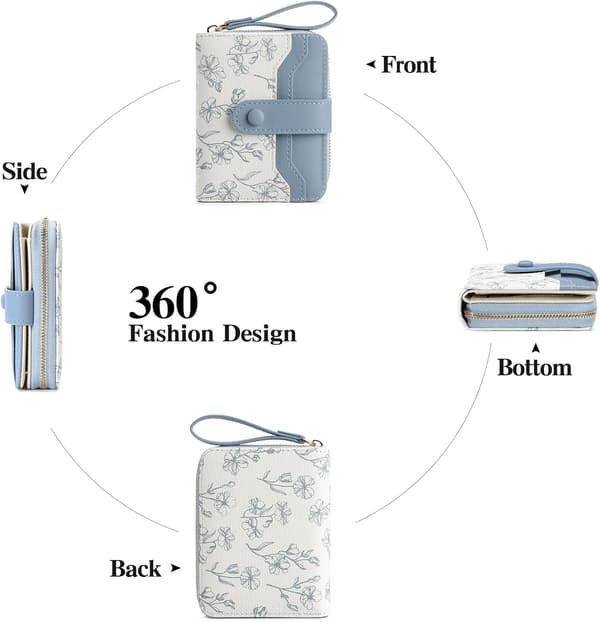 Women's Leather Wallet with RFID Blocking, Slim Wallet with Floral Pattern and Zipper Compartment for Cards Pink