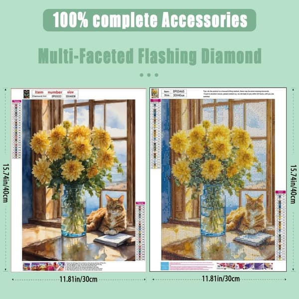 Diamond Painting - 5D DIY Diamantmaleri, 30x40cm (Gule Roser og Kat)
