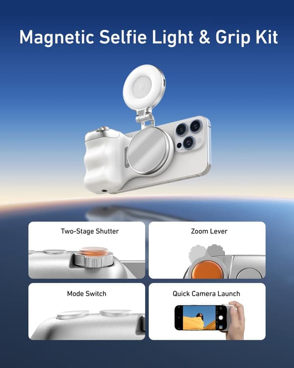 Magnetisk Mobilkameragrep med Selfielampe – Bluetooth Utløser i DSLR-stil White Camera Grip+White Fill Light