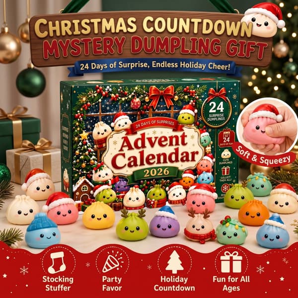 Julekalender 2026 med 24 Squishy Dumplings – Mystery Box med bløde Bao-figurer og juleoverraskelser til børn