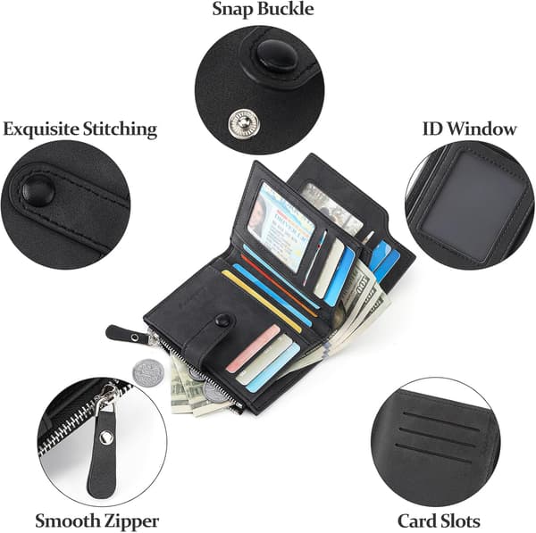 Leather Men's Wallet with RFID Blocking, 15 Card Slots and 2 ID Windows, Spacious Trifold Wallet Black