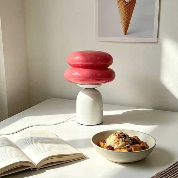 Glasbordlampe i Hamburgerform, 3 Lysfarver, USB, Nordisk Stil, Dekorativ Sengebordslampe til Soveværelse og Stue White&Red USB