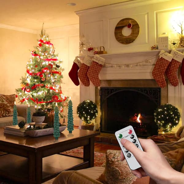 4-pack Green LED Christmas Tree Design Flameless Candles with Remote Control and Timer for Christmas Dinner and Home Decor 4-PACK