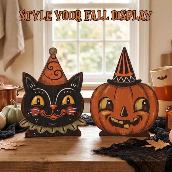 Træ Halloween Vægdekoration Panel - Sort Kat & Græskar Design til Indendørs Brug Style-A