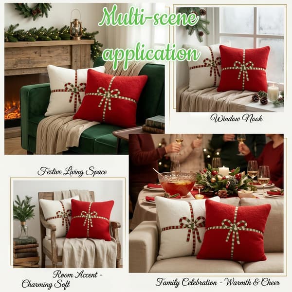 2 st Julkuddfodral med Rosett, Mjuka Dekorativa Kuddfodral med Dold Dragkedja för Soffa och Vardagsrum Red&White 2PCS
