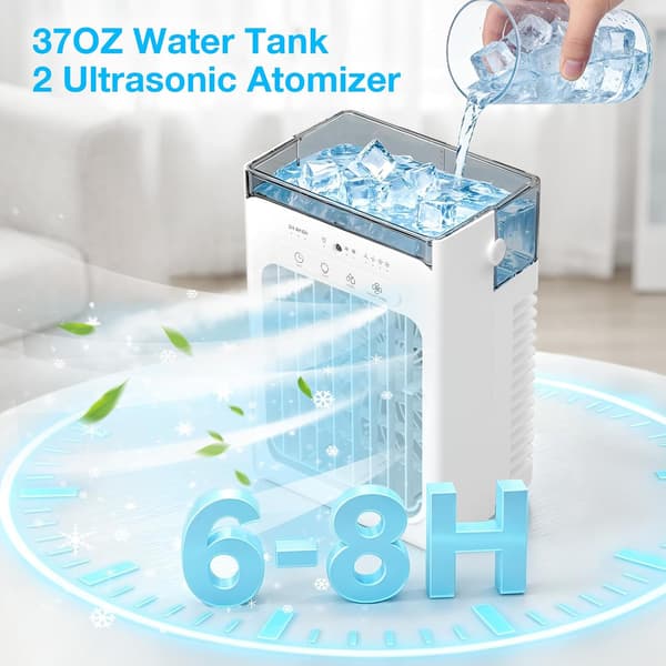 Bærbart klimaanlegg, 3-i-1 mini AC-enhet, 4 hastigheter, 2 tåkemoduser, 1000 ml tank, timer, LED-lys, USB-kjølevifte White