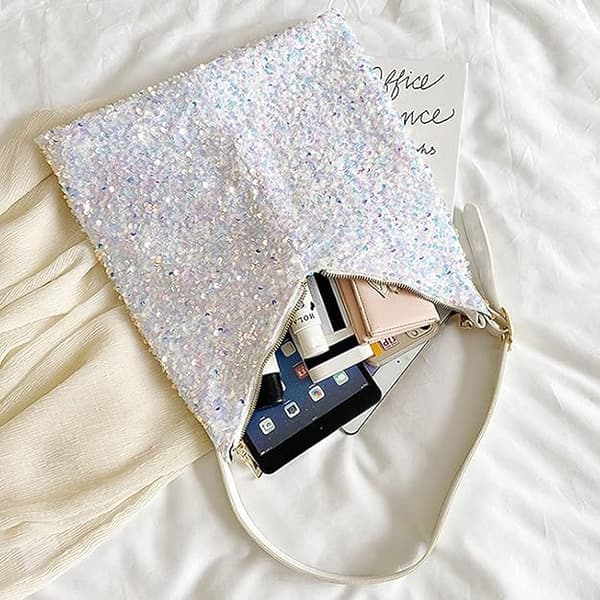 Skulderveske med glitterpaljetter for kvinner og jenter White