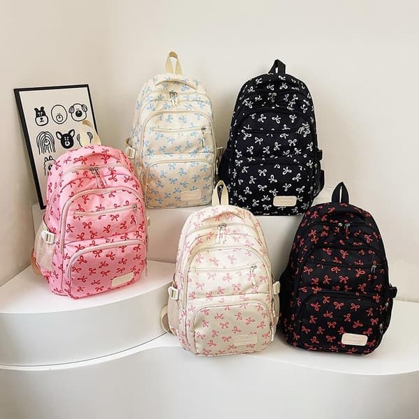 3-Piece Backpack Set with Bow, Large Daypack with Lunch Bag and Pencil Case for Work, Travel, and Everyday Use Beige&Blue