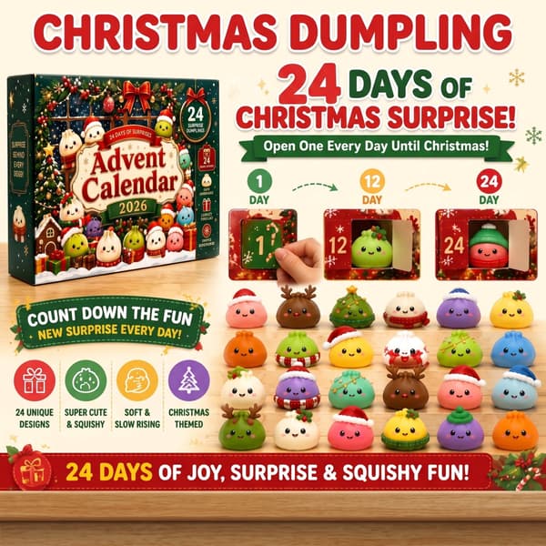 Julekalender 2026 med 24 Squishy Dumplings – Mystery Box med bløde Bao-figurer og juleoverraskelser til børn