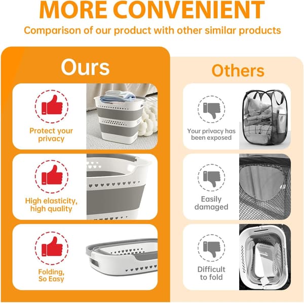 Laundry basket 42 L in plastic, foldable and portable with handles, space-saving for home and dorm room Light grey