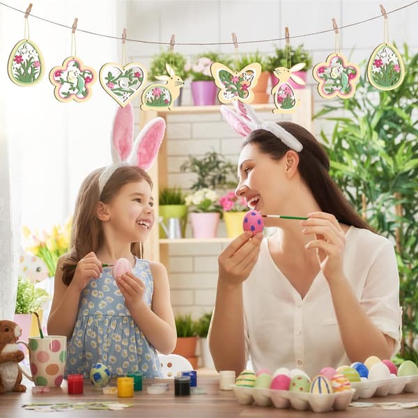 24-Pack Easter Decoration Hanging Wood - Easter Hangers with Easter Bunny, Eggs, Flowers & Butterflies Spring Decoration Green