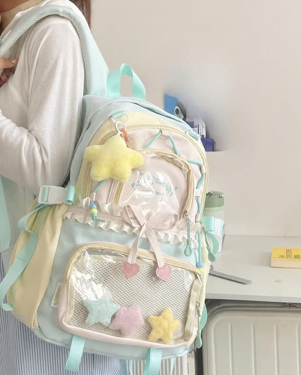 Women's Backpack with Transparent Display Pocket, Kawaii Y2K School Bag with Star Pendant Blue