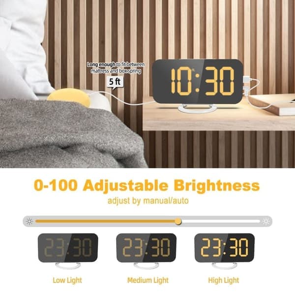 Extra Strong Digital Alarm Clock for Deep Sleepers | With Bed Shaker + Adjustable LED Lighting | Dual Alarm & Snooze Function gul