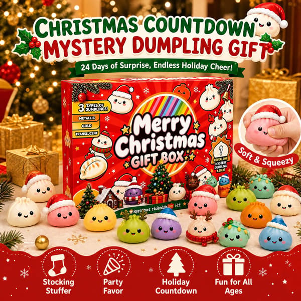 Julekalender 2026 med 24 Squishy Dumplings – Mystisk Mystery Box med bløde Bao- og Squishy-figurer til børn