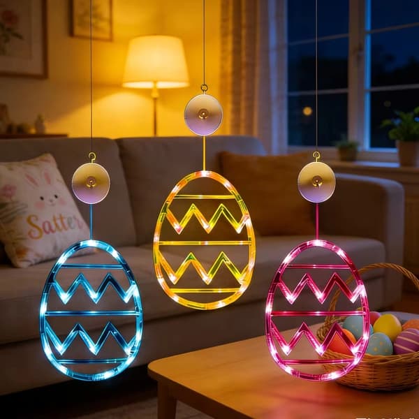 Påskedekoration 3-dele – Lysende Kanin & Æg Lyskæde til Vindue, Indendørs og Festlig Stemning 2 Easter Eggs+Rabbit