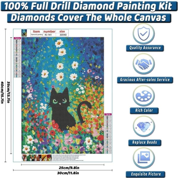 5D Diamantmaleri – Sort Kat i Farverig Blomstereng DIY Diamantmaleri 30x40 cm