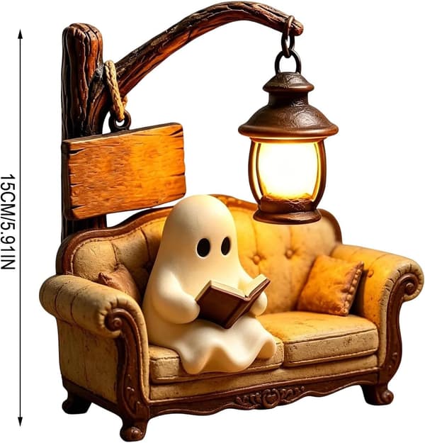 Ghost Lamp Halloween with a ghost reading on a sofa, decorative resin night light for table, shelf and bedroom