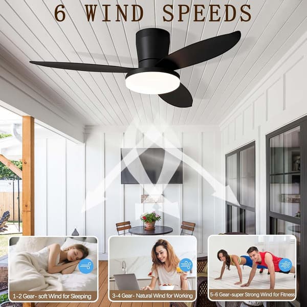 Loftventilator med LED-belysning 65/95/110 cm, 3 ABS-blade, 6 hastigheder, reversibel, til soveværelse, stue og køkken Black 65cm