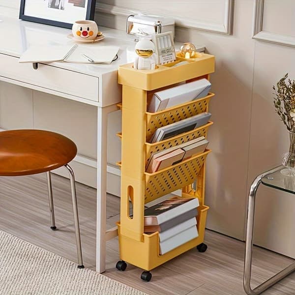 Five-Tier Mobile Bookshelf, Desk Side Shelves, Floor Desk Small Cart, Book Storage, Office and Study Material Storage gul