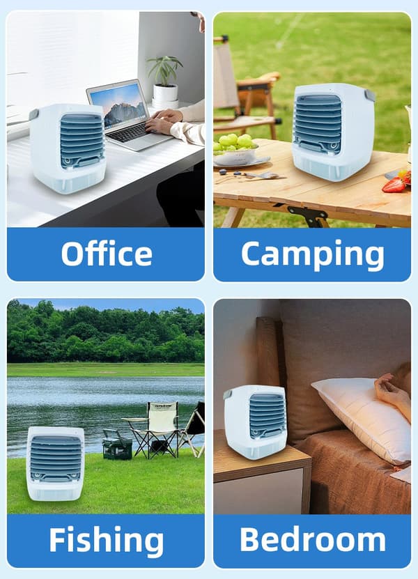 Bærbar Fordampningsluftkøler, USB Mini Køleventilator med Luftfugter, 4 Tilstande, Personlig Luftkøler til Kontor, Hjem og Camping