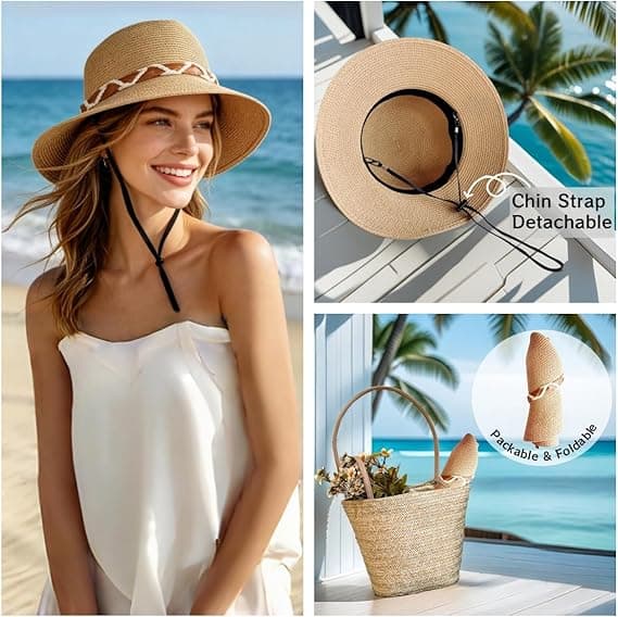 Damehatt med bred brem i strå, sammenleggbar strandhatt, UV-beskyttelse, reisehatt Beige