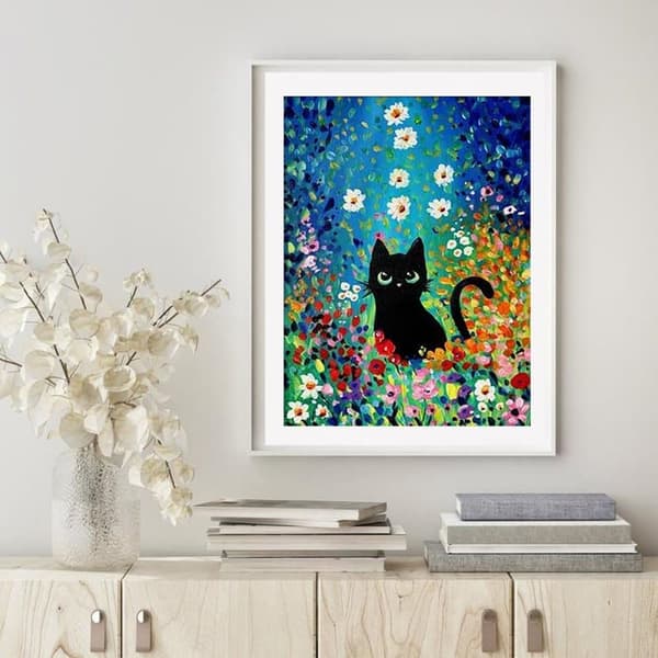 5D Diamantmaleri – Sort Kat i Farverig Blomstereng DIY Diamantmaleri 30x40 cm