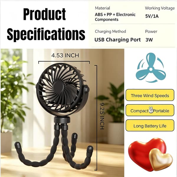 USB genopladelig blæksprutte miniventilator, fleksibel stativclipsventilator med telefonholder til klapvogn og skrivebordsbrug Blue