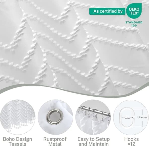 Extra Long Shower Curtain in White - Boho Minimalist with Tassels & Chevron Pattern 183*183CM