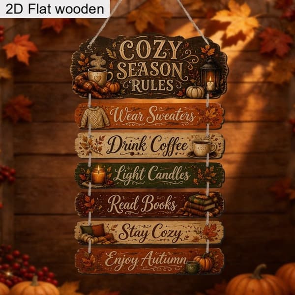 2D Trähängskylt - \"Stay Cozy Enjoy Fall\", Höstcitat Väggdekor för Hem Tacksägelse Style 1