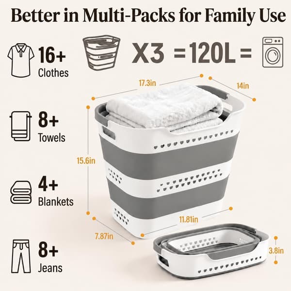 Laundry Basket 42 L, Foldable Laundry Hamper with Handles, Lightweight and Space-Saving for Home and Dorm Light grey 2 Pack