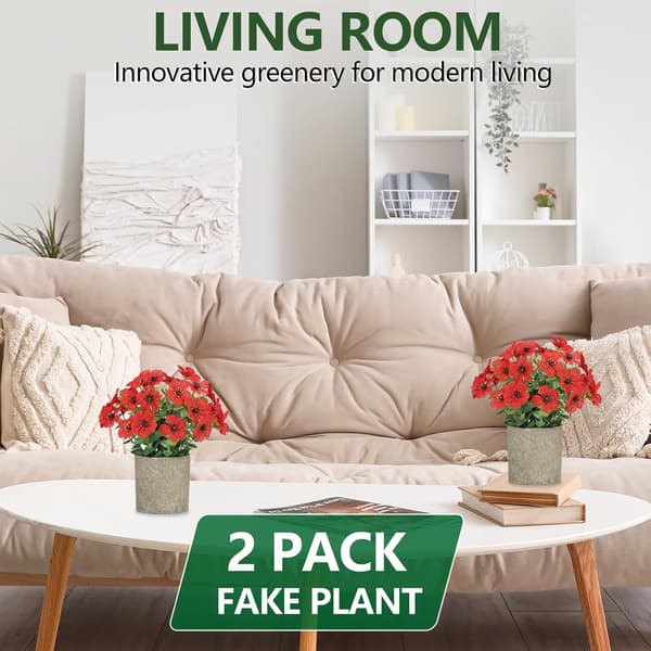 Small Artificial Plants 2-Pack – Fake Potted Plants with Daisy & Eucalyptus for Bathroom, Office & Home Rose Red