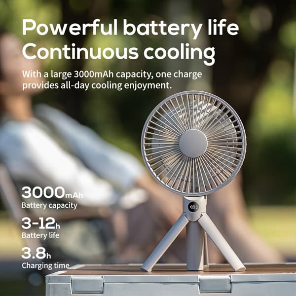 Bærbar campingventilator med stativ, USB genopladelig, flere hastigheder, stor luftstrøm, lav støj Khaki