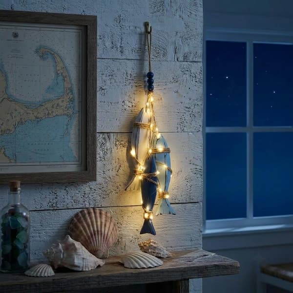Belyst Träfisk Väggdekor - Varmvit LED Kuststil för Badrum Veranda Strandhus Marin Atmosfär Style 2