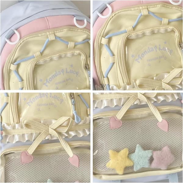 Women's Backpack with Transparent Display Pocket, Kawaii Y2K School Bag with Star Pendant Blue