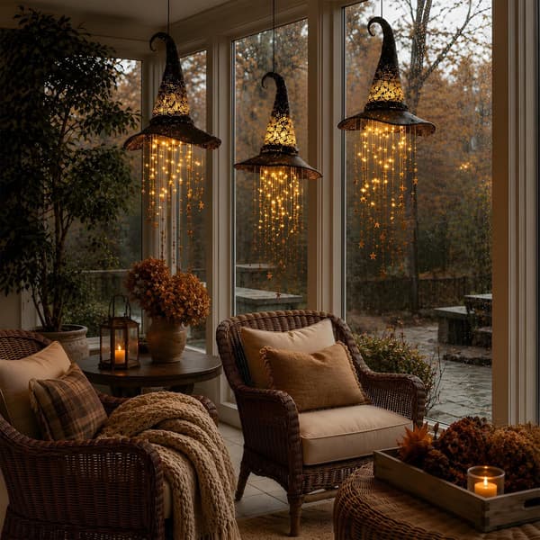 1/2/3-pakke lysende heksehatt til Halloween, hengende LED-dekorasjon med lysende stjerner til veranda, uteplass og fest 2 Pcs