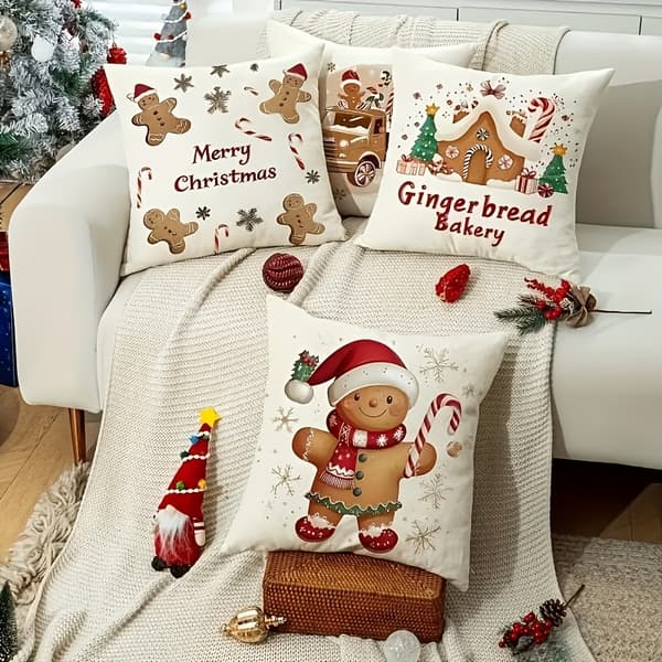 Christmas Pillow Covers 45x45 cm 4-pack with Gingerbread and Candy Canes, Decorative Sofa Cushions 45x45cm