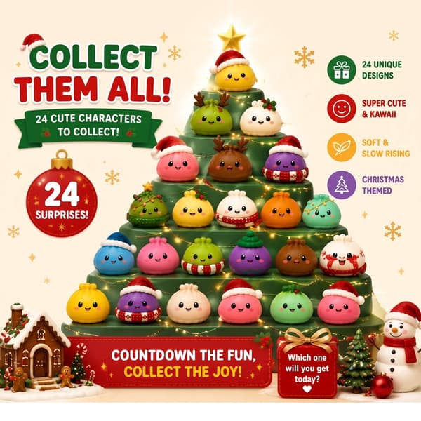 Julekalender 2026 med 24 Squishy Dumplings – Mystisk Mystery Box med bløde Bao- og Squishy-figurer til børn