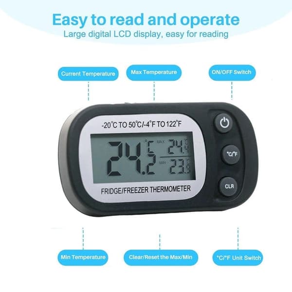 Digitalt køleskabstermometer/termometer til køleskab og fryser sort