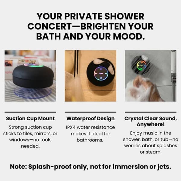 Waterproof Shower Speaker - Bluetooth With LED, IPX4, Portable Mini Speaker With Suction Cup And Built-in Microphone svart