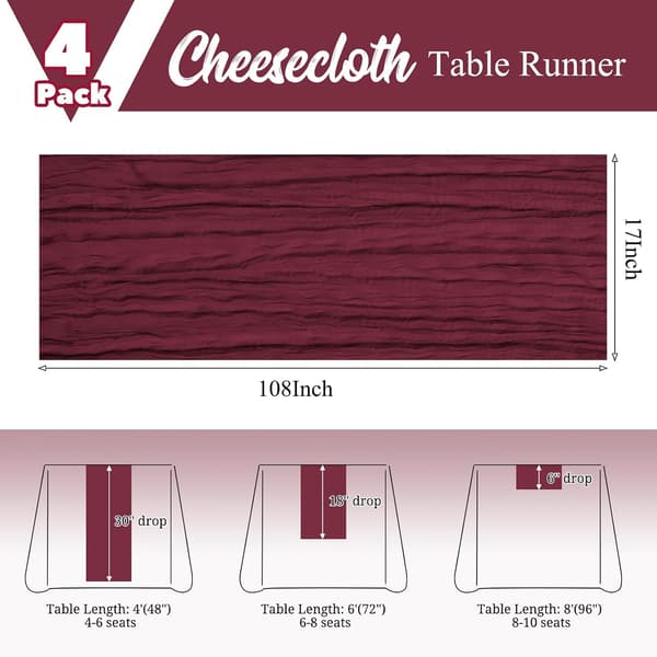 Sæt med 4 musselin bordløbere - Vinrød, 17x108 tommer Boho Rustik Stil Wine red