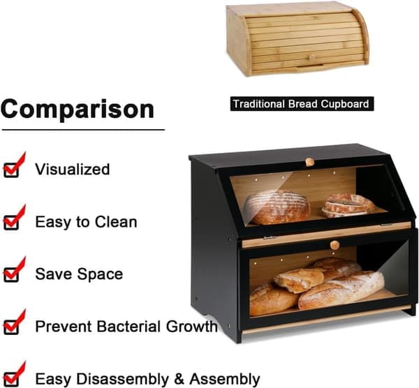 Double Wooden Bread Box for Kitchen Counter - Large Two-Tier Bread Storage with Spacious Design