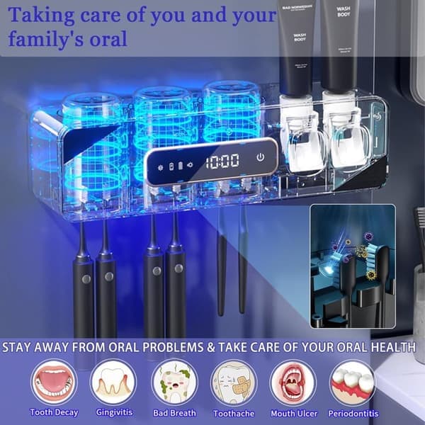 Automatic Toothpaste Dispenser & Toothbrush Holder – Wall-Mounted, Drill-Free Installation, USB Charging with Lithium Battery, Cleans Toothbrushes White