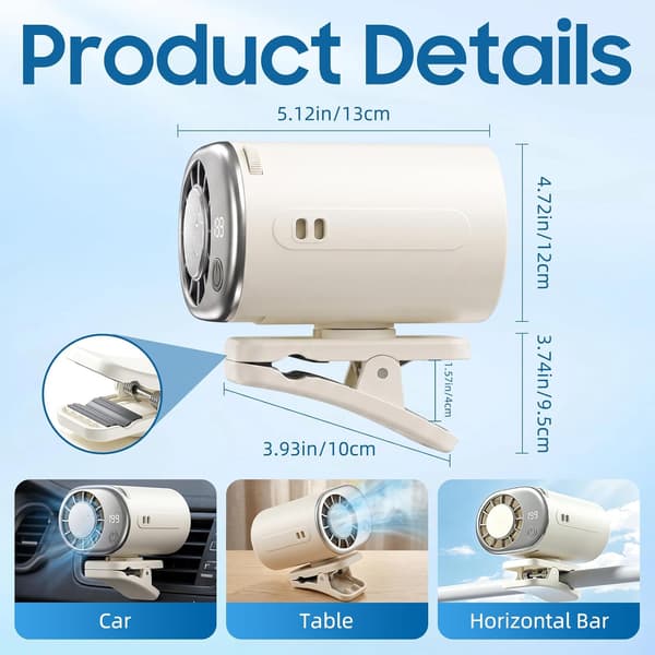 Bil Clip-On Aircondition Ventilator LED Display 199 Hastigheder 360° Justerbar USB Genopladelig Mini Køleventilator til Køretøjsbrug White