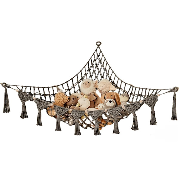 Boho Macramé Net/Hængekøje til udstoppede dyr - Legetøjsopbevaring af udstoppede dyr Gray 2 Pack