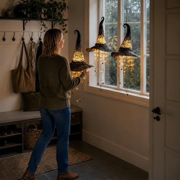 1/2/3-pakke lysende heksehatt til Halloween, hengende LED-dekorasjon med lysende stjerner til veranda, uteplass og fest 3 Pcs