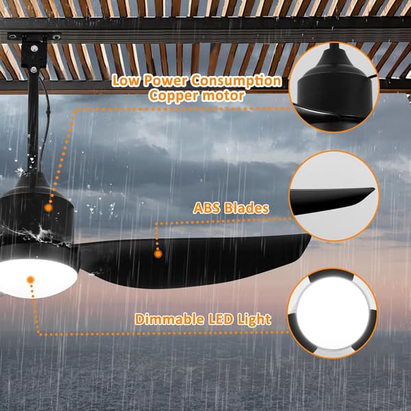Ceiling fan with LED lighting 106/132 cm, remote control, dimmable, for patio and terrace, modern design Black 106cm